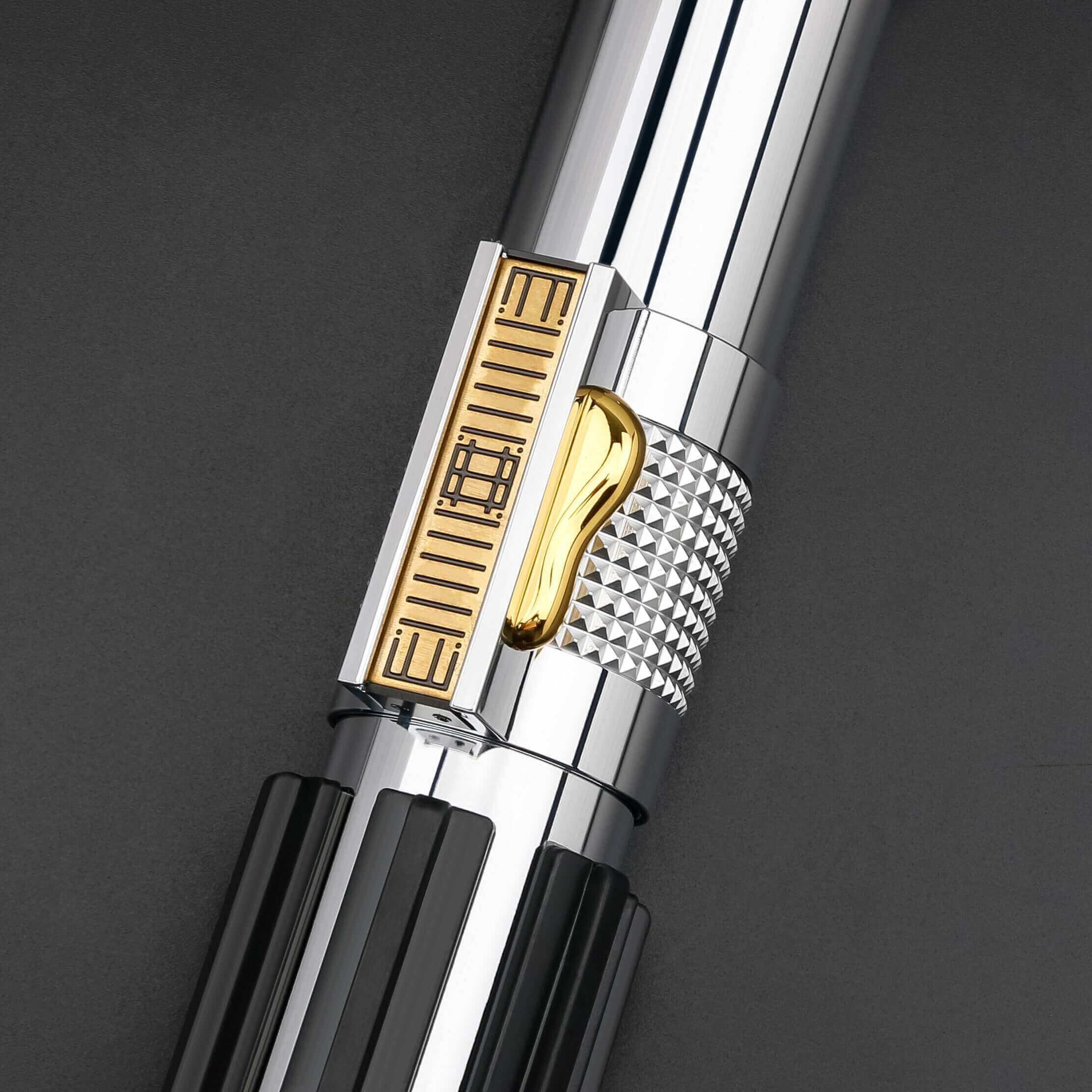 Close-up of the hilt on the Ani EP3 Proffie 2.2 lightsaber showcasing detailed gold accents and texture.
