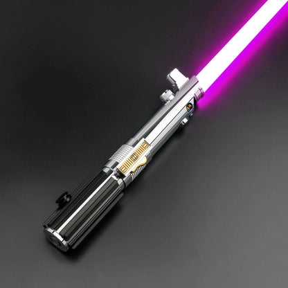 Ani EP3 Proffie 2.2 lightsaber with a glowing purple blade on a black background.