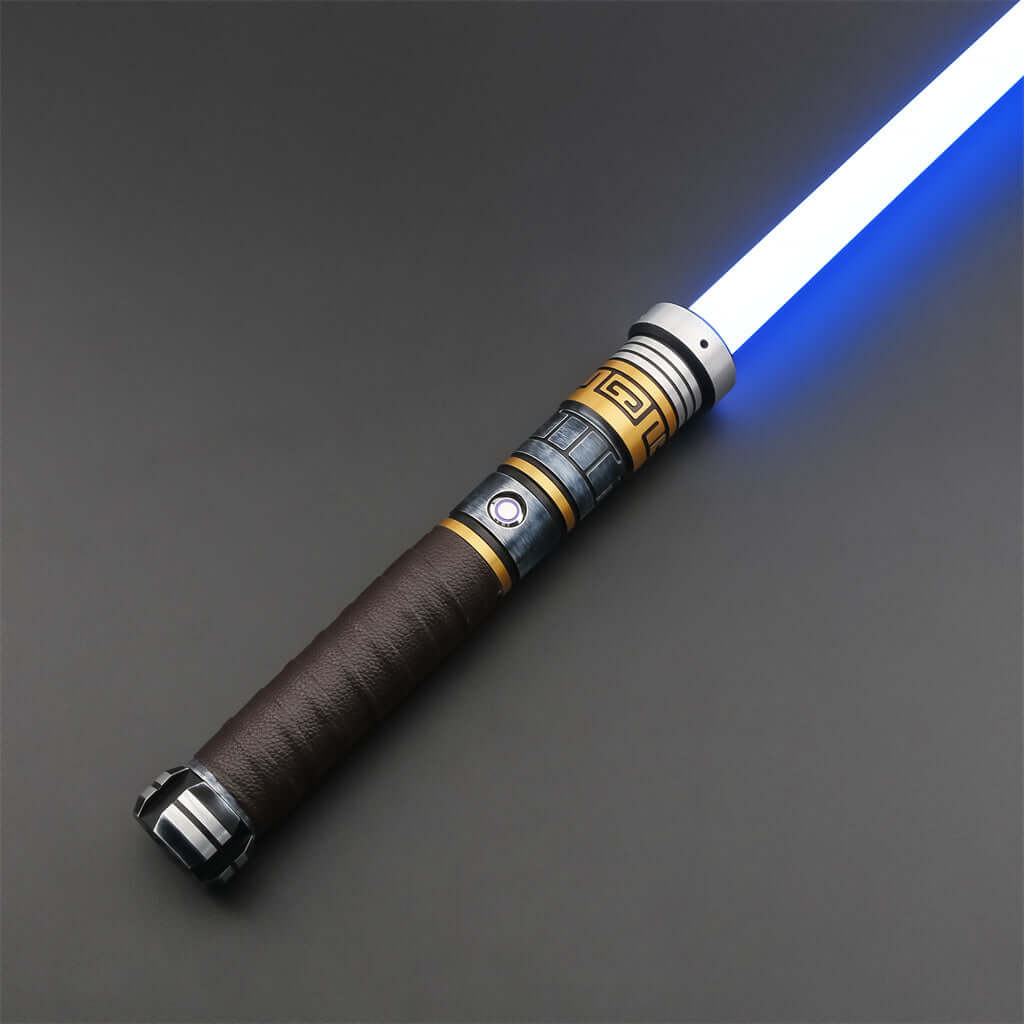 MV Champion high-end lightsaber with blue blade and stylish metallic-hued grip, perfect for sci-fi enthusiasts.