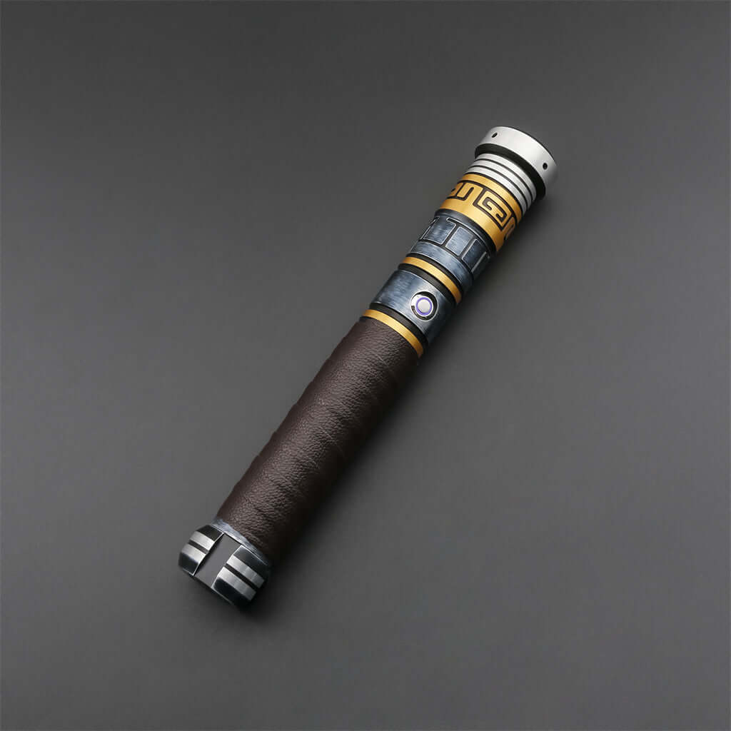 MV Champion lightsaber featuring a sleek, futuristic design with metallic and leather accents.