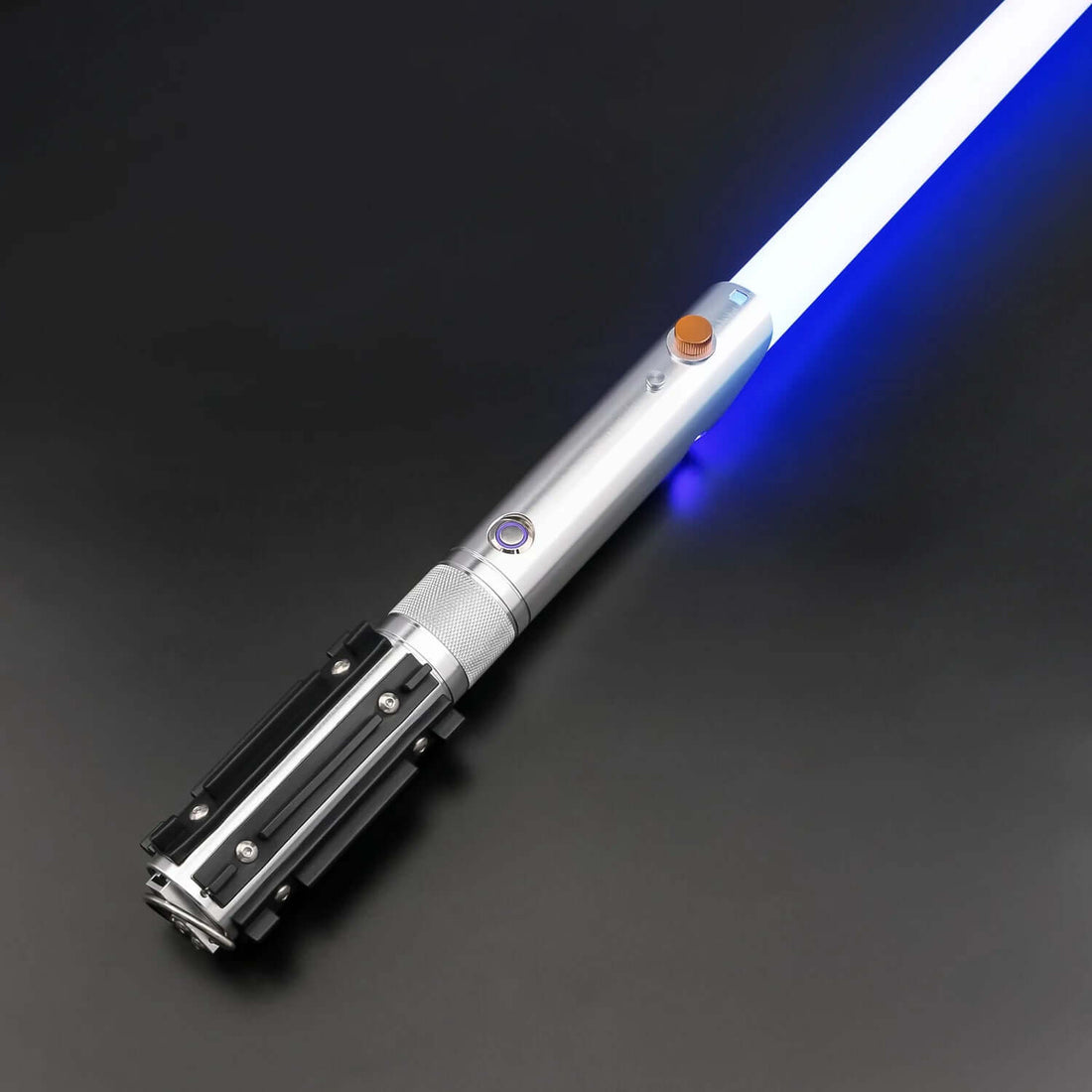 Combat Saber-Anakin hilt with polished metal finish and blue blade on a black background.