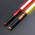 Jedi survivor twin lightsaber in red and yellow colors with ergonomic grip and stylish design.