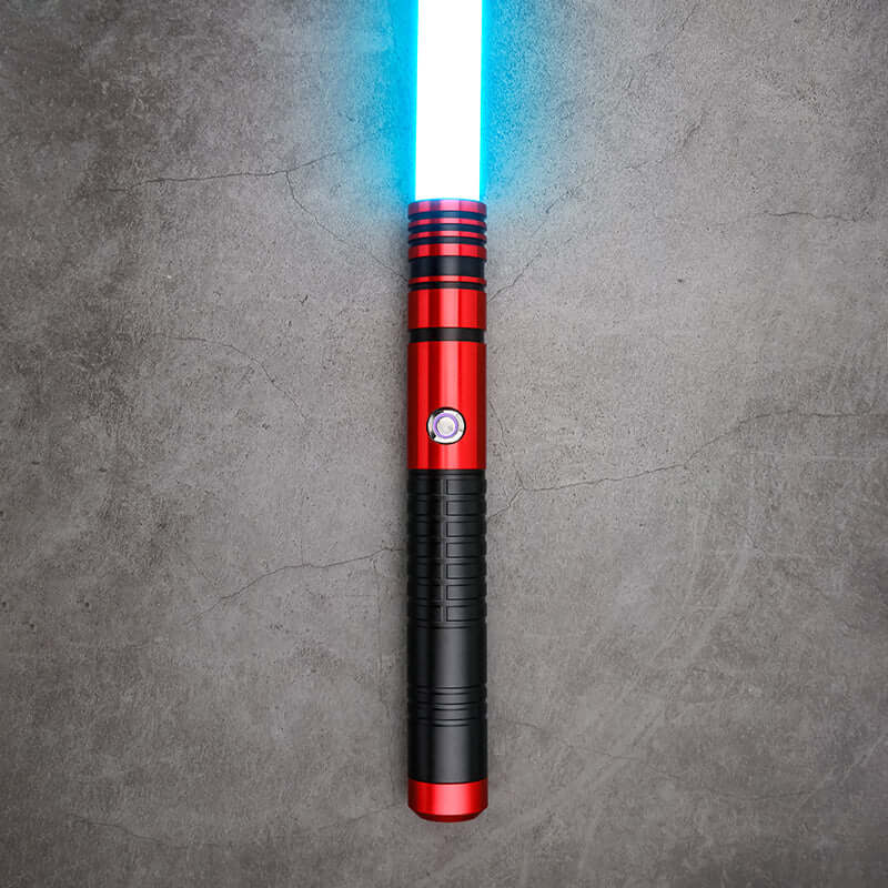 Jedi survivor twin lightsaber with blue blade and ergonomic red and black handle.