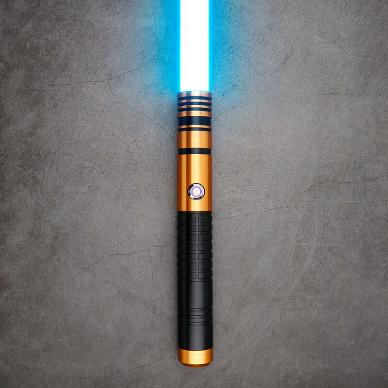 Jedi survivor twin lightsaber with blue blade and ergonomic design for superior handling.