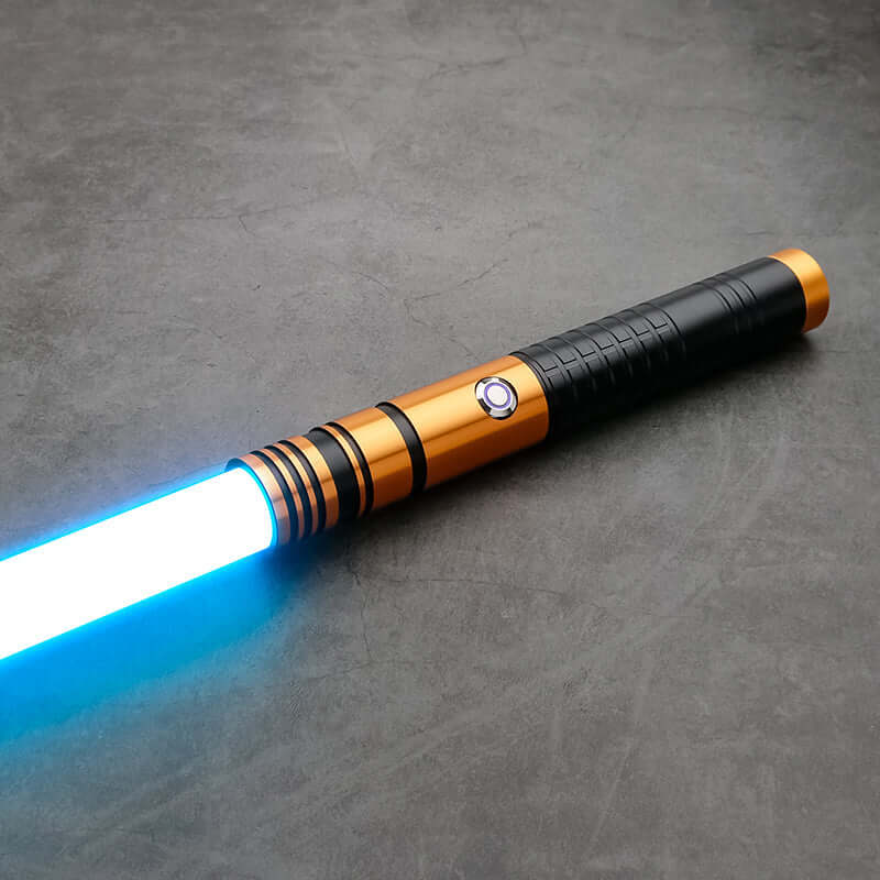 Jedi survivor twin lightsaber with blue blade and stylish black and gold design.