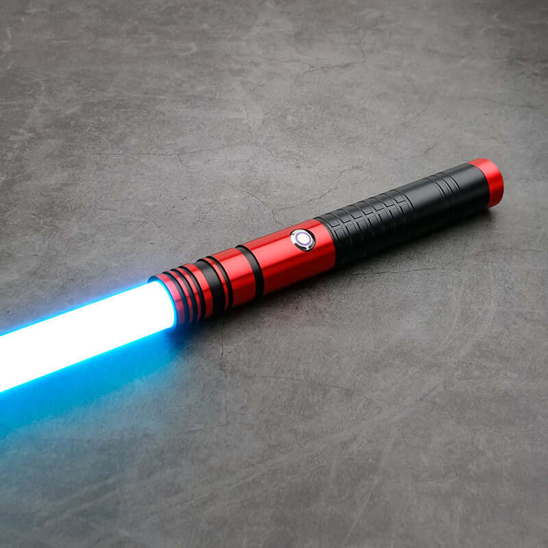 Jedi survivor twin lightsaber with red and black design, featuring a bright blue blade, stylish and ergonomic.