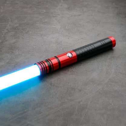 Jedi survivor twin lightsaber with red and black design, featuring a bright blue blade, stylish and ergonomic.