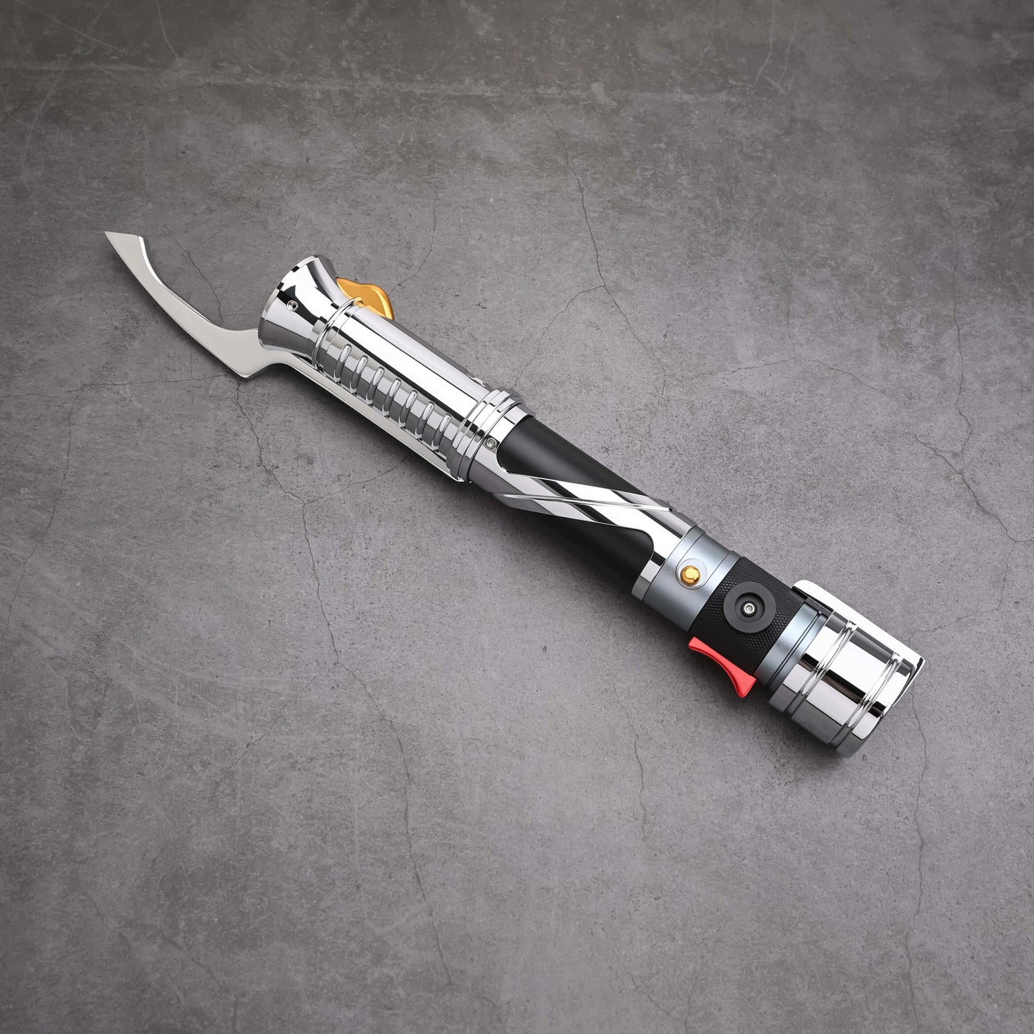 Count SE Lightsaber with black and silver hilt, spiraling silver trim, gold and red accents, and flared emitter. Crafted from aircraft-grade aluminum for balance, control, and precision.