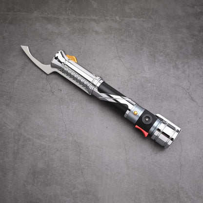 Count SE Lightsaber with black and silver hilt, spiraling silver trim, gold and red accents, and flared emitter. Crafted from aircraft-grade aluminum for balance, control, and precision.