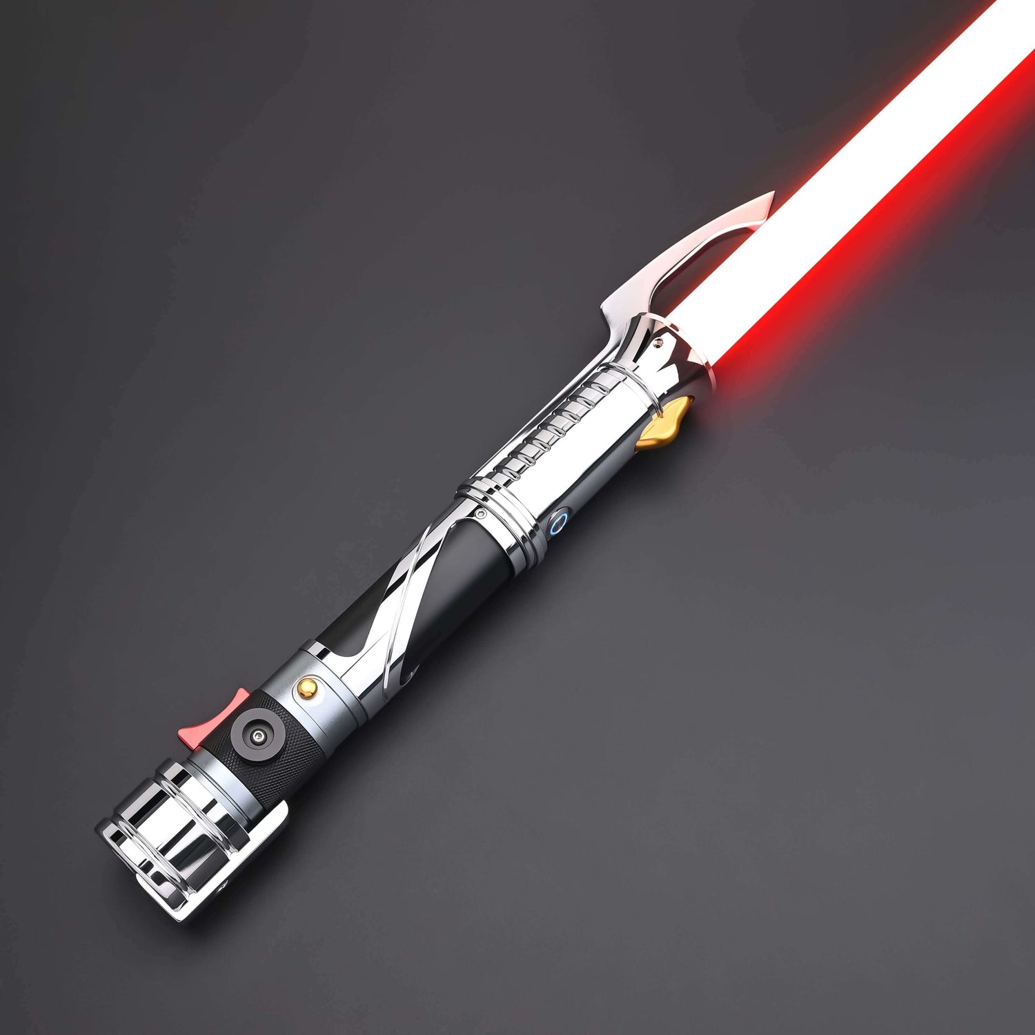 Count SE Lightsaber with black and silver hilt, spiraling silver trim, gold and red accents, and flared emitter. Crafted from aircraft-grade aluminum for balance, control, and precision.