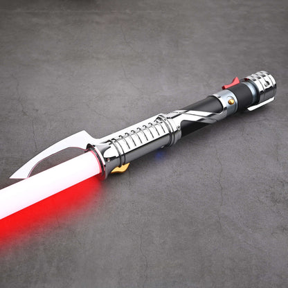 Count SE Lightsaber with black and silver hilt, spiraling silver trim, gold and red accents, and flared emitter. Crafted from aircraft-grade aluminum for balance, control, and precision.