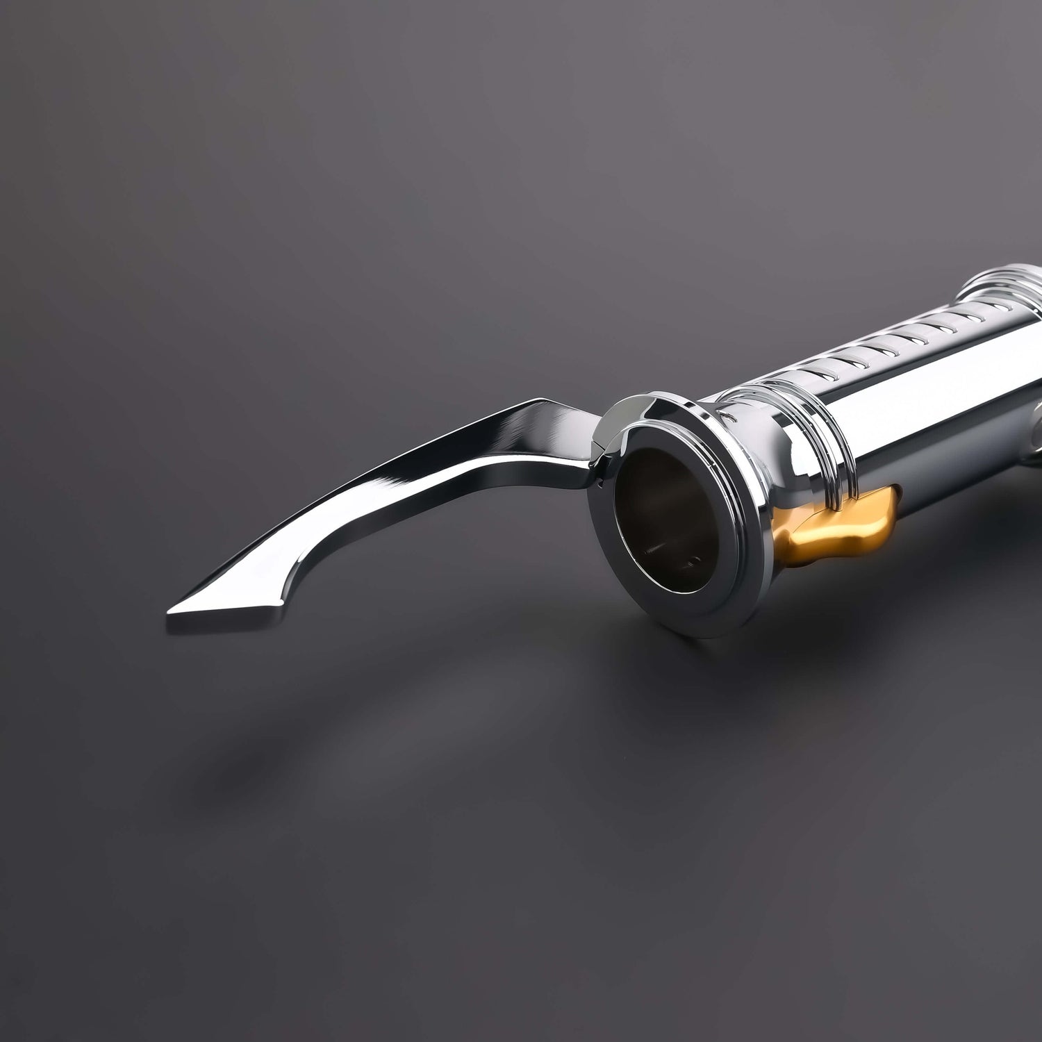 Count SE Lightsaber with black and silver hilt, spiraling silver trim, gold and red accents, and flared emitter. Crafted from aircraft-grade aluminum for balance, control, and precision.