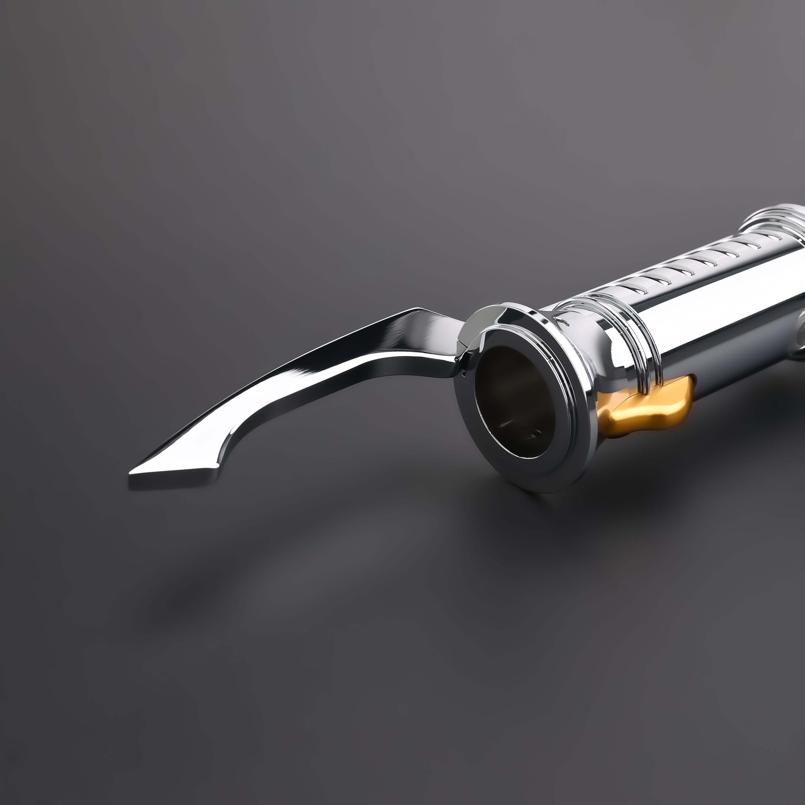 Count SE Lightsaber with black and silver hilt, spiraling silver trim, gold and red accents, and flared emitter. Crafted from aircraft-grade aluminum for balance, control, and precision.