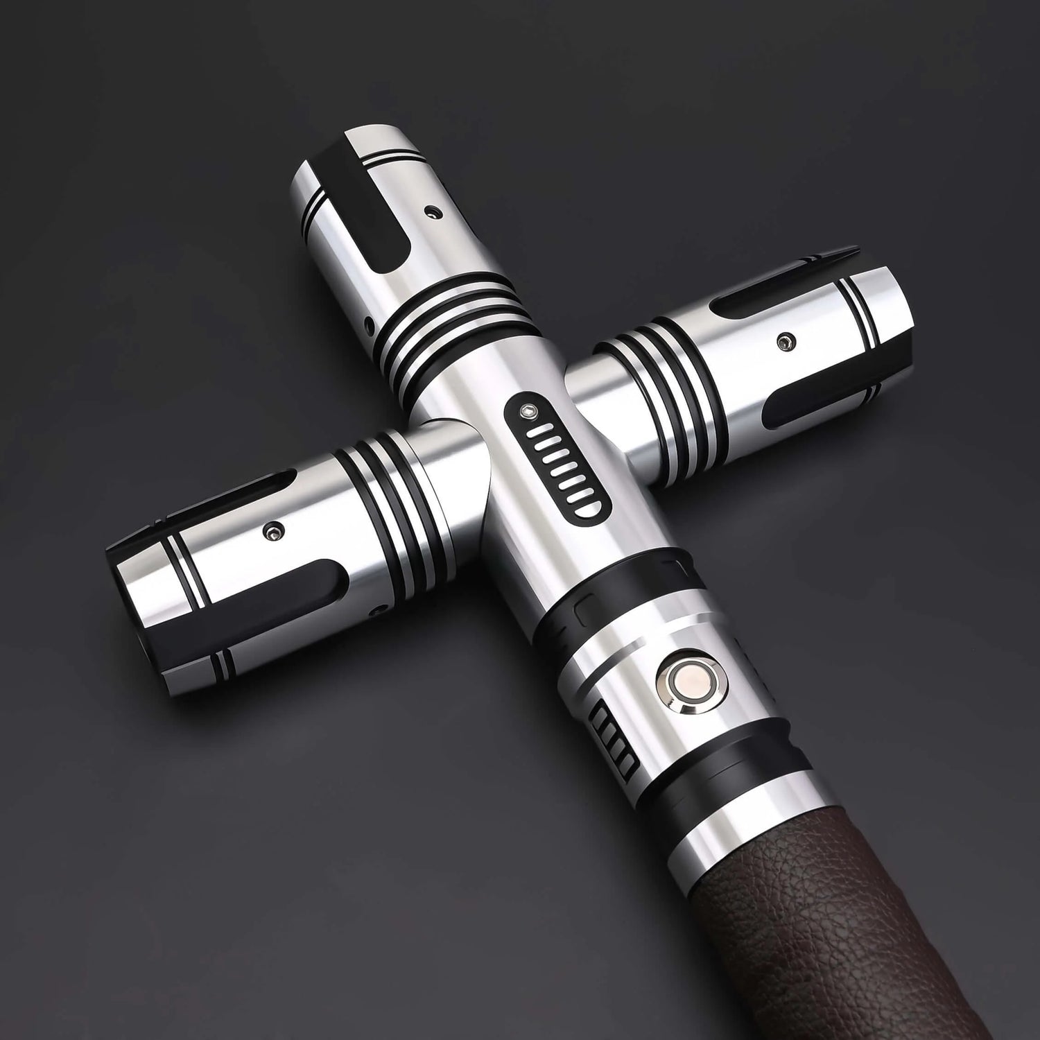 Crusades Lightsaber with a cross-guard design, showcasing a sleek metallic finish and detailed controls for combat readiness.