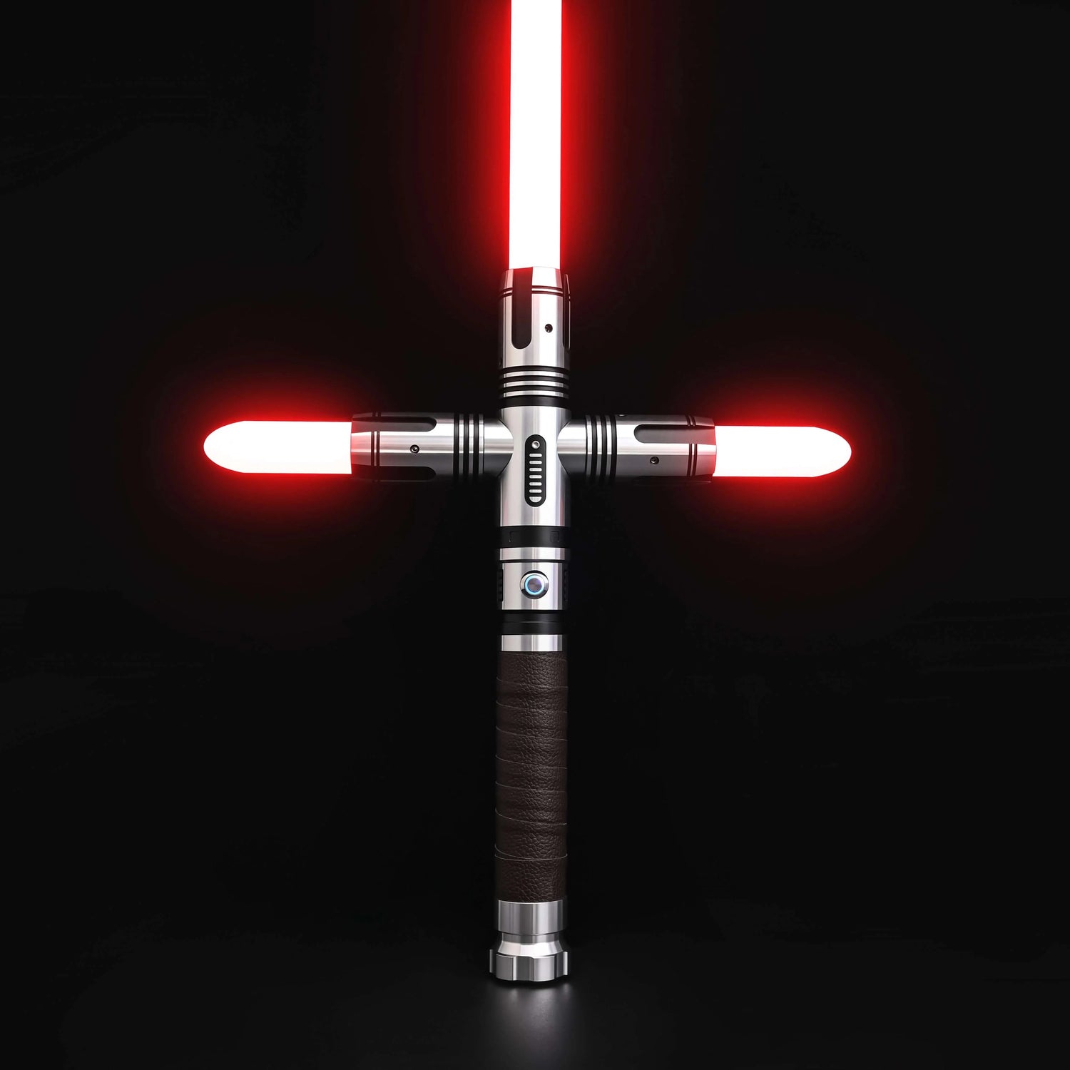Crusades Lightsaber with cross-guard design, featuring red blades and a sleek silver handle, perfect for combat.