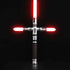Crusades Lightsaber with cross-guard design, featuring red blades and a sleek silver handle, perfect for combat.