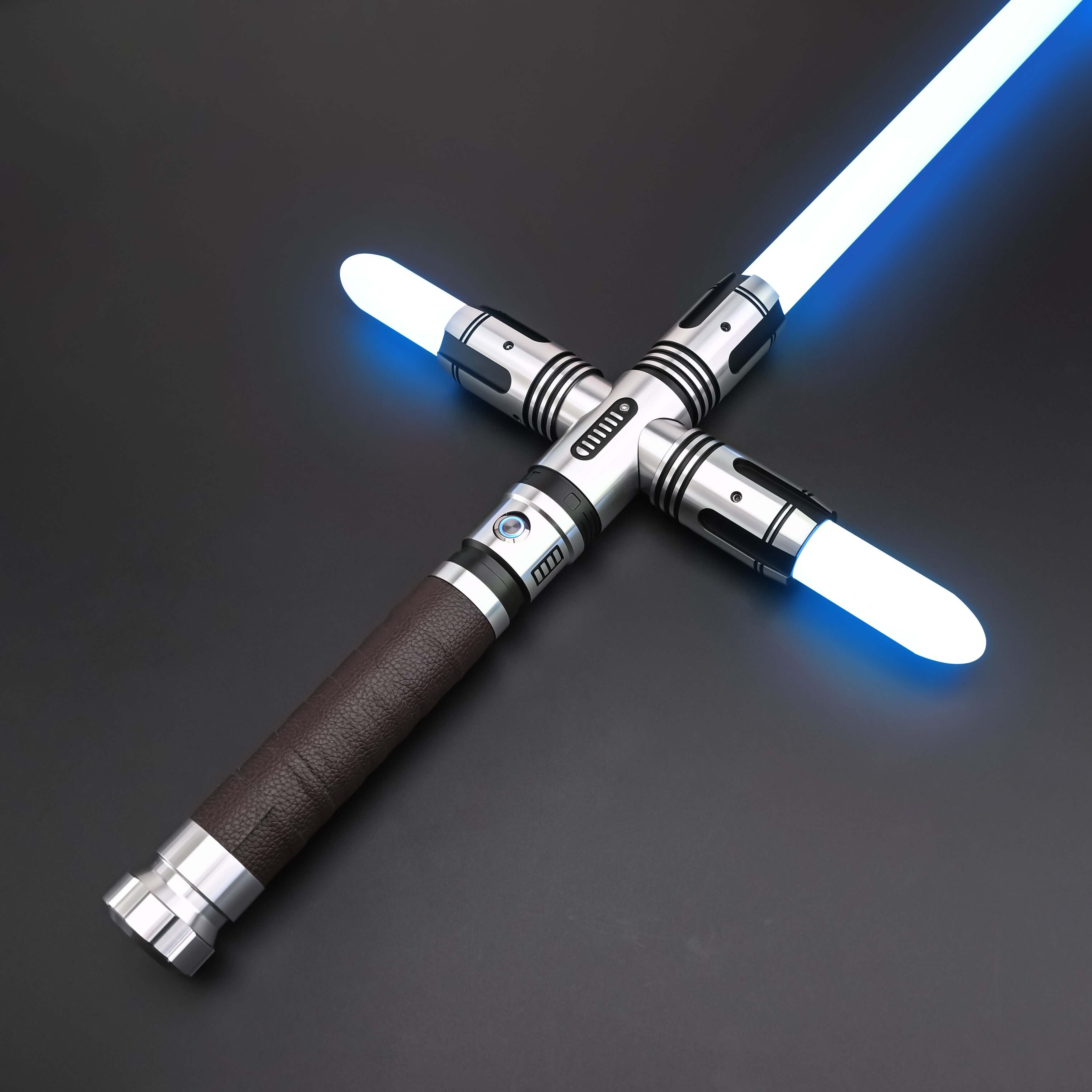 Crusades Lightsaber by NovaSaber featuring a cross-guard design with blue glowing blades and a combat-ready grip.
