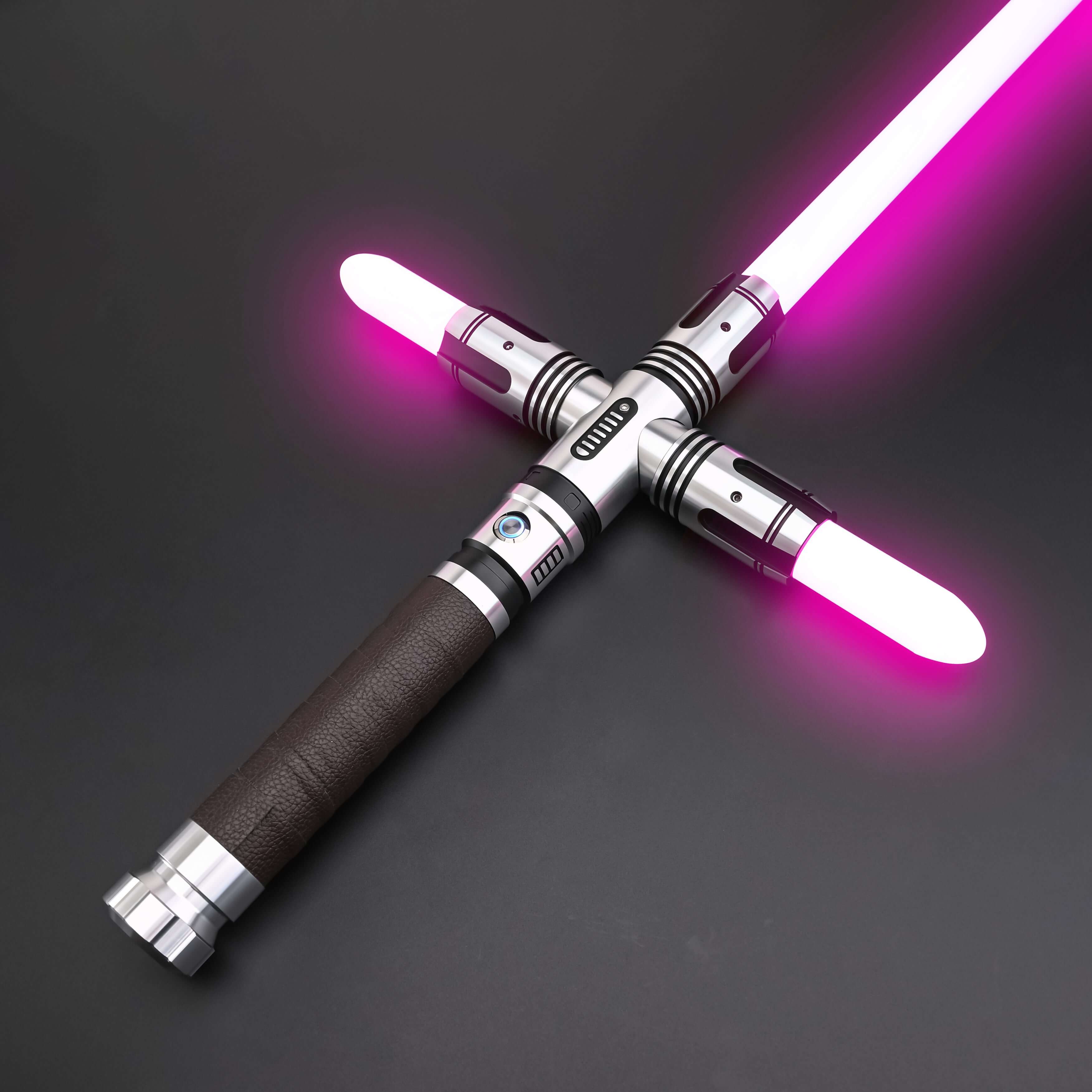 Crusades Lightsaber by NovaSaber with cross-guard design and pink blades on a dark background.