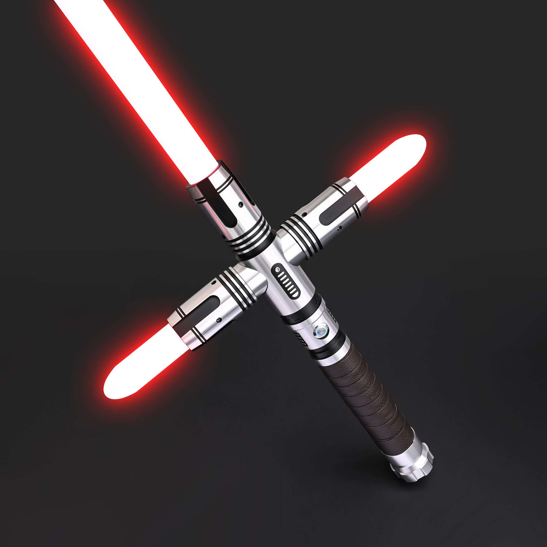 Crusades Lightsaber from NovaSaber with a cross-guard design, featuring red blades and a detailed hilt.
