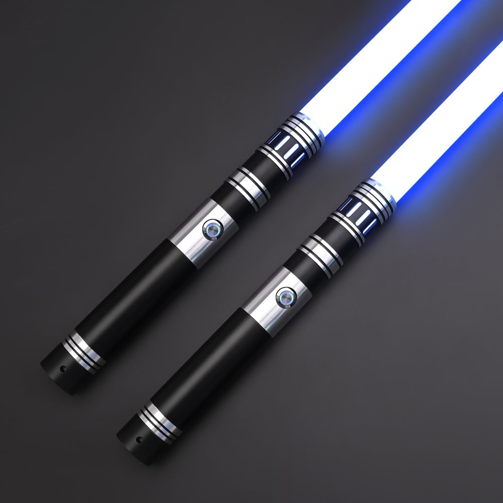 Duelist Twin Lightsabers with aircraft-grade aluminum hilts and polycarbonate blades, designed for dual-wielding, dueling, and training