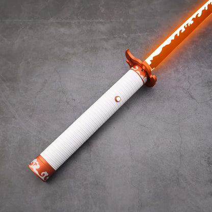 NovaSaber Demon Slayer Saber inspired by Kyojuro Rengoku, featuring a flame gold hilt, vibrant red and gold flame-shaped guard, and dynamic lighting and sound effects for immersive dueling and cosplay