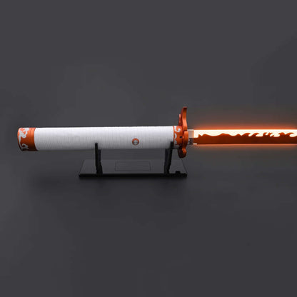 NovaSaber Demon Slayer Saber inspired by Kyojuro Rengoku, featuring a flame gold hilt, vibrant red and gold flame-shaped guard, and dynamic lighting and sound effects for immersive dueling and cosplay