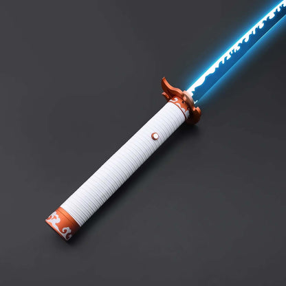 NovaSaber Demon Slayer Saber inspired by Kyojuro Rengoku, featuring a flame gold hilt, vibrant red and gold flame-shaped guard, and dynamic lighting and sound effects for immersive dueling and cosplay