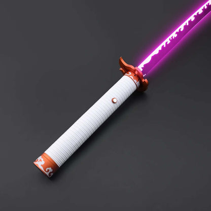 NovaSaber Demon Slayer Saber inspired by Kyojuro Rengoku, featuring a flame gold hilt, vibrant red and gold flame-shaped guard, and dynamic lighting and sound effects for immersive dueling and cosplay