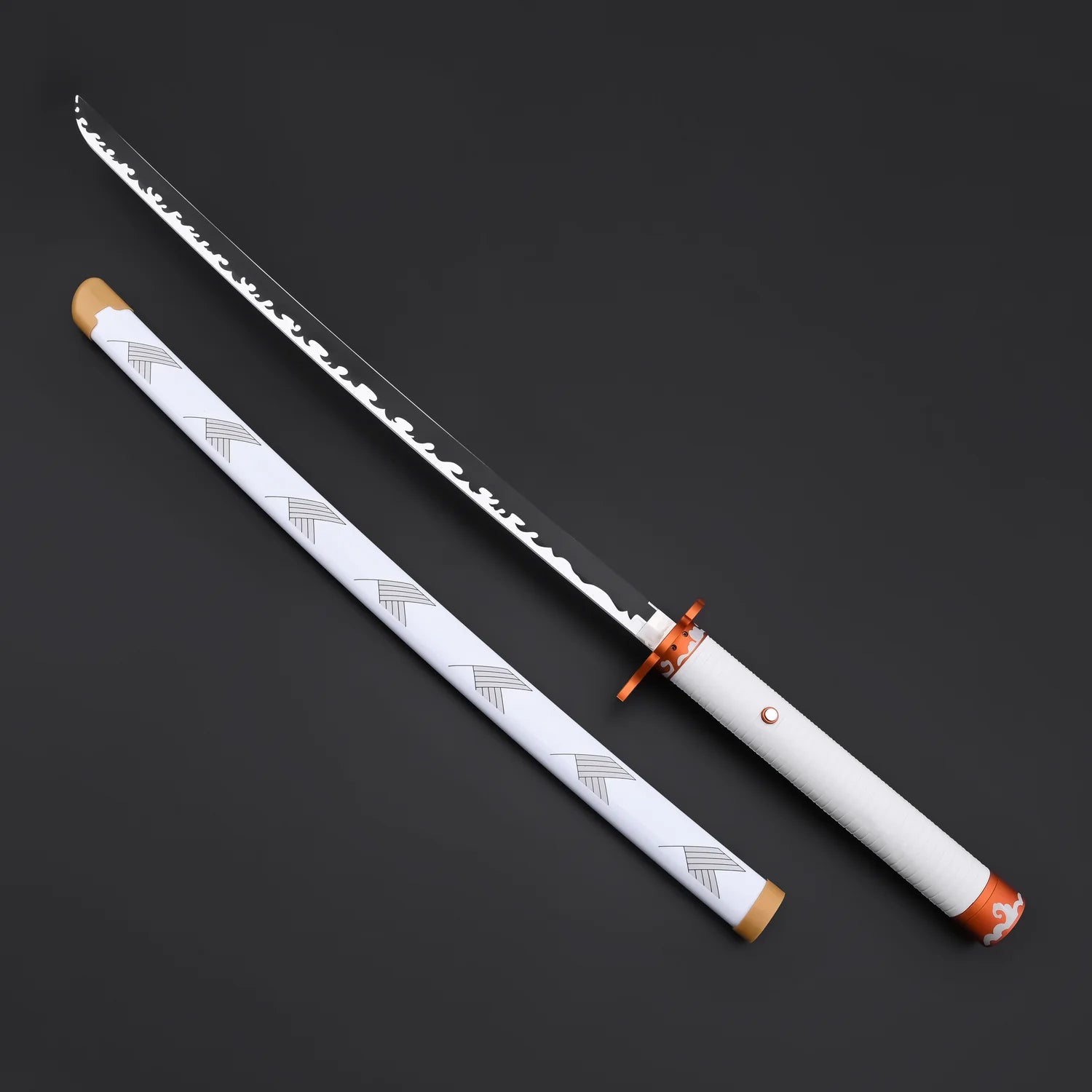 NovaSaber Demon Slayer Saber inspired by Kyojuro Rengoku, featuring a flame gold hilt, vibrant red and gold flame-shaped guard, and dynamic lighting and sound effects for immersive dueling and cosplay