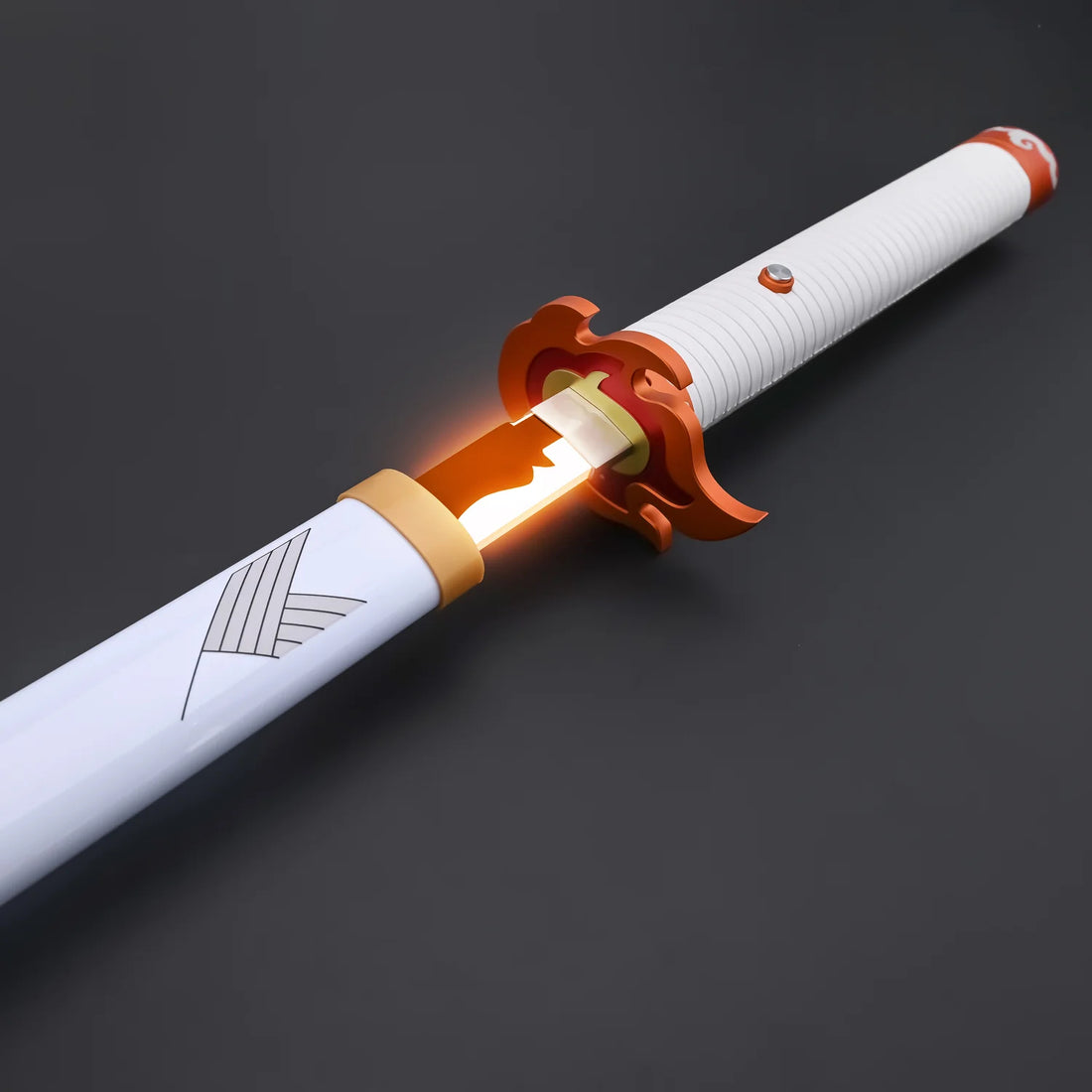 NovaSaber Demon Slayer Saber inspired by Kyojuro Rengoku, featuring a flame gold hilt, vibrant red and gold flame-shaped guard, and dynamic lighting and sound effects for immersive dueling and cosplay