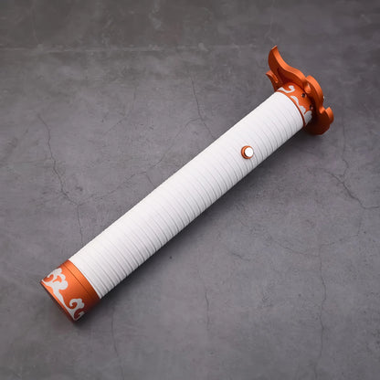 NovaSaber Demon Slayer Saber inspired by Kyojuro Rengoku, featuring a flame gold hilt, vibrant red and gold flame-shaped guard, and dynamic lighting and sound effects for immersive dueling and cosplay