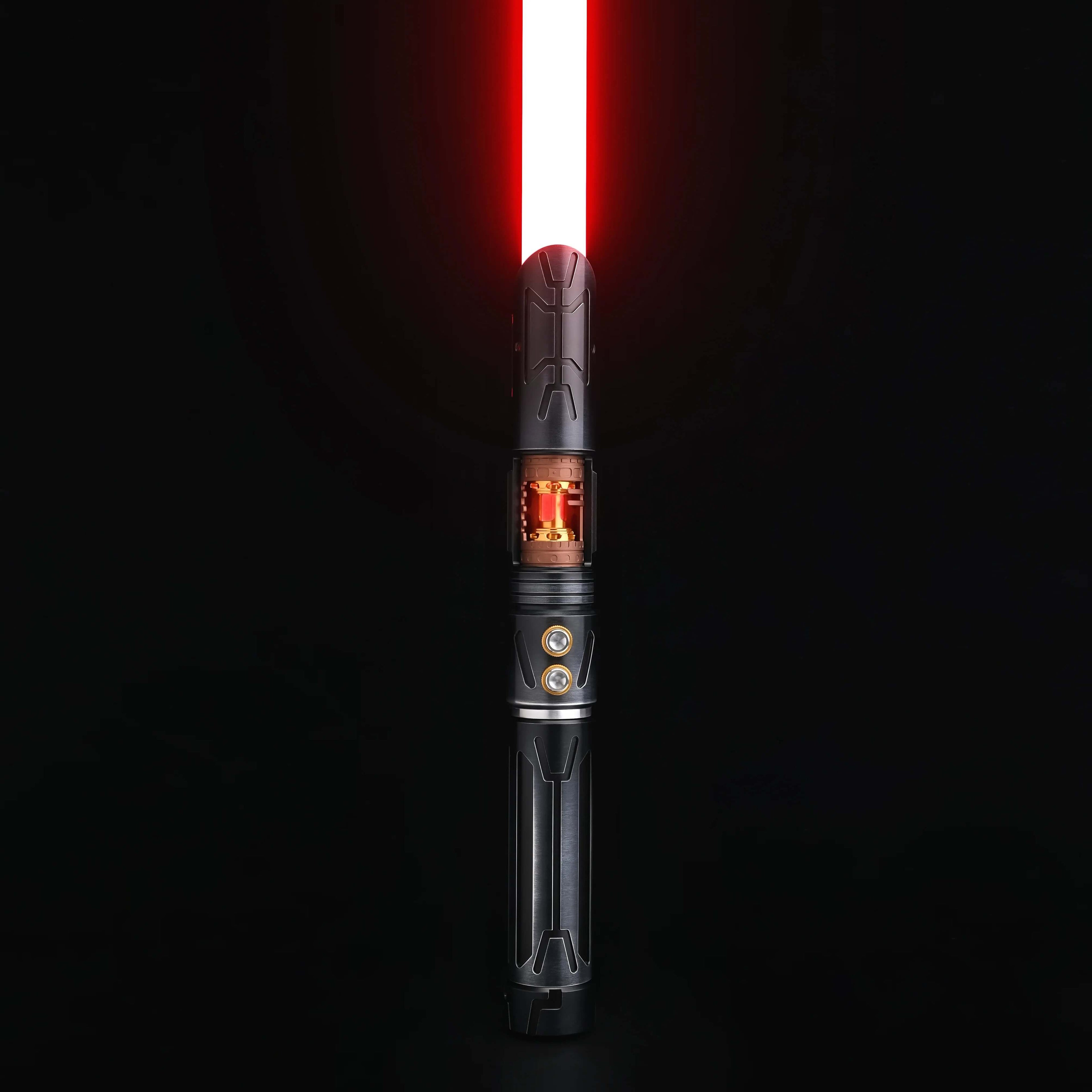 Halo crystal lightsaber with red blade and exposed crystal core design.