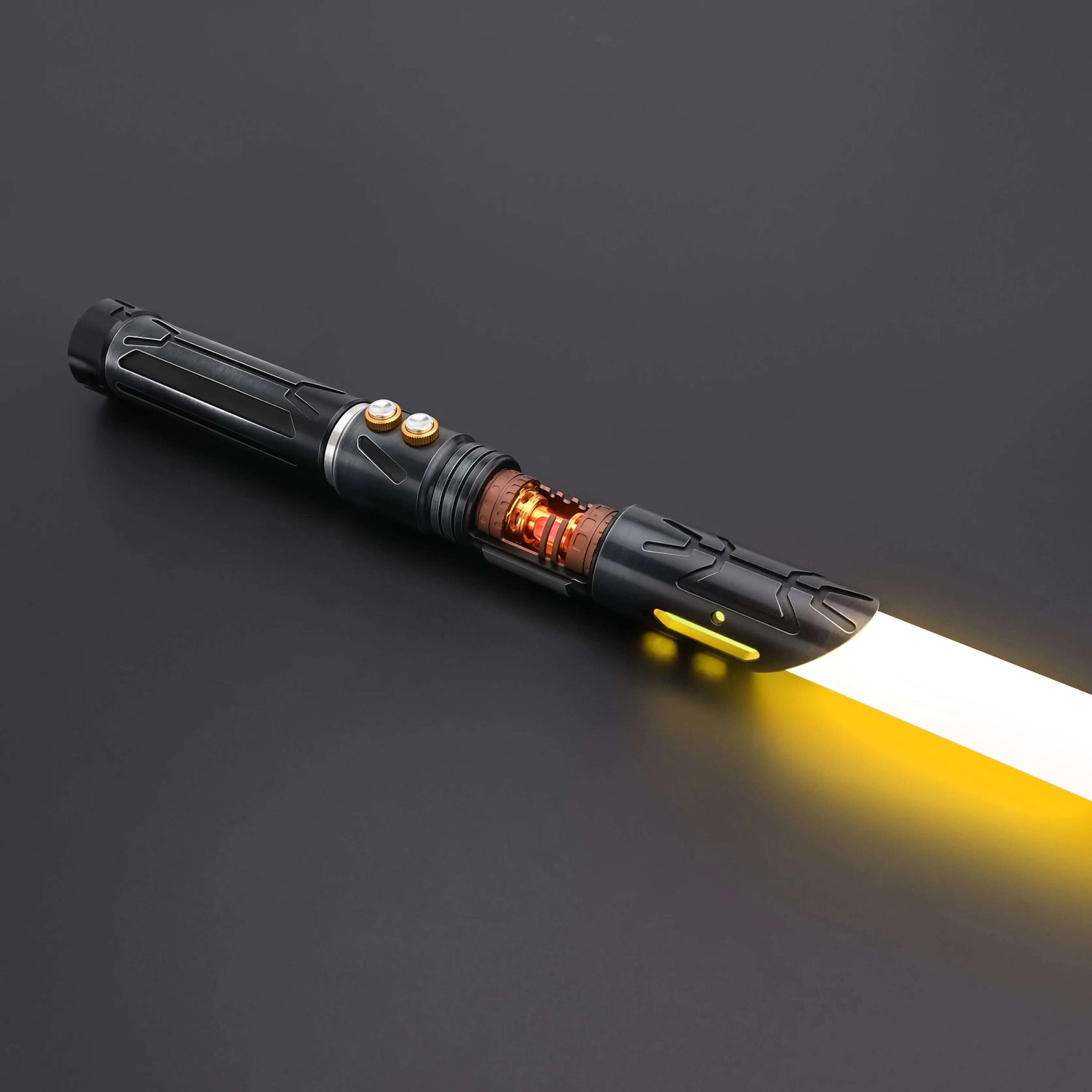 Halo Crystal lightsaber with exposed crystal core and dual-button control system on a black background.