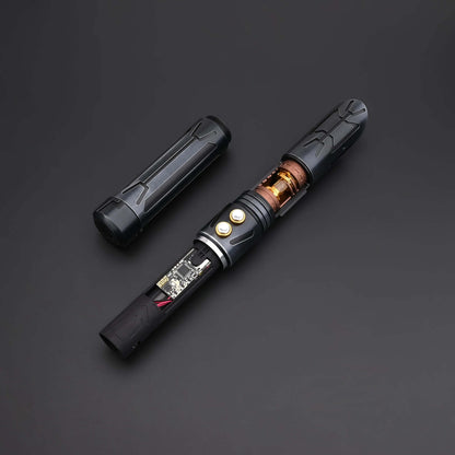 Close-up of the Halo Crystal lightsaber showing its exposed crystal core and dual-button control system.