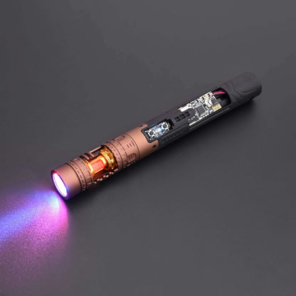 Close-up of the Halo Crystal lightsaber showcasing its exposed crystal core and dual-button control system.
