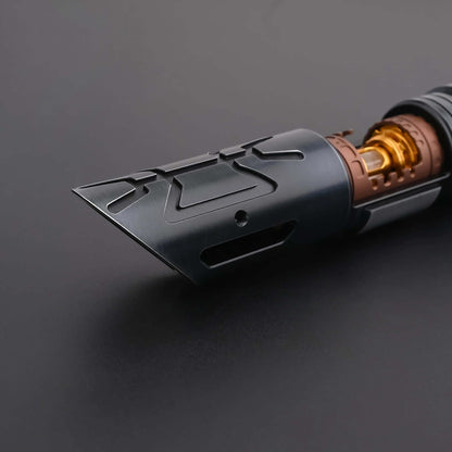 Close-up of the Halo Crystal lightsaber hilt showing detailed design and exposed crystal core.