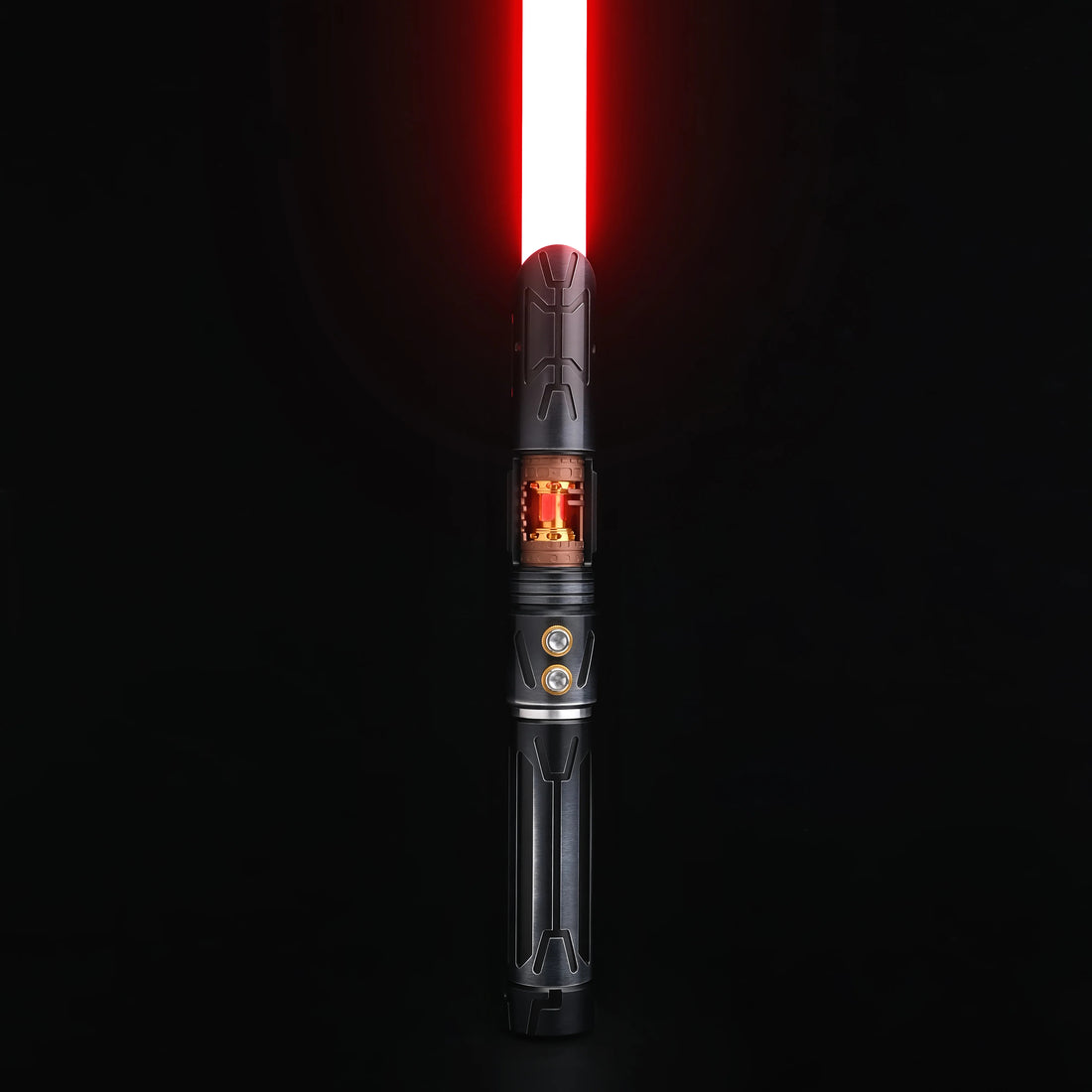 Halo crystal lightsaber with red blade and exposed crystal core design.