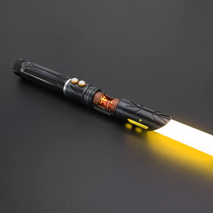 Halo Crystal lightsaber with exposed crystal core and dual-button control system on a black background.