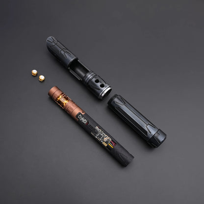 Halo crystal lightsaber parts with exposed crystal core and detailed design on a dark background.