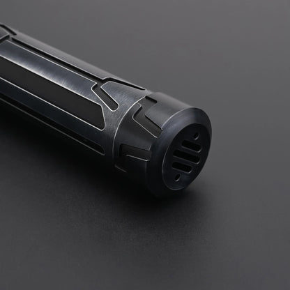 Close-up of the hilt of the Halo Crystal lightsaber showcasing intricate design and detailing.