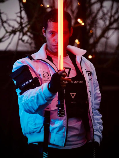 Count SE Lightsaber with black and silver hilt, spiraling silver trim, gold and red accents, and flared emitter. Crafted from aircraft-grade aluminum for balance, control, and precision.