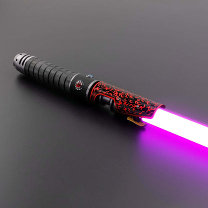 Naruto Lightsaber: Frosted aluminum alloy hilt with red grip, 32&quot; or 36&quot; removable polycarbonate blade, Baselit, Neopixel, or Proffie core options, 12 blade colors, 4–9 blade effects, 16–27 preinstalled soundfonts, ideal for cosplay and dueling.