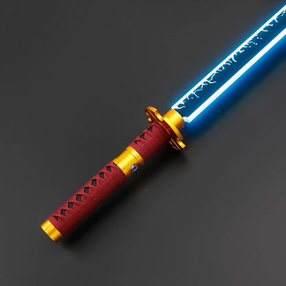 Sekiro Lightsaber: Katana-inspired design with gold hilt, red grip, and gold guard, crafted from aircraft-grade aluminum for durability and elegance.
