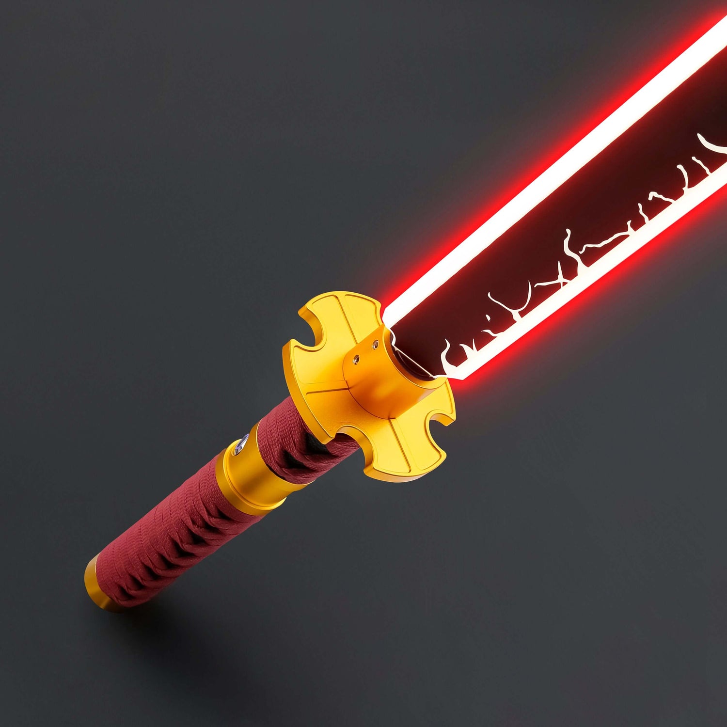 Sekiro Lightsaber: Katana-inspired design with gold hilt, red grip, and gold guard, crafted from aircraft-grade aluminum for durability and elegance.
