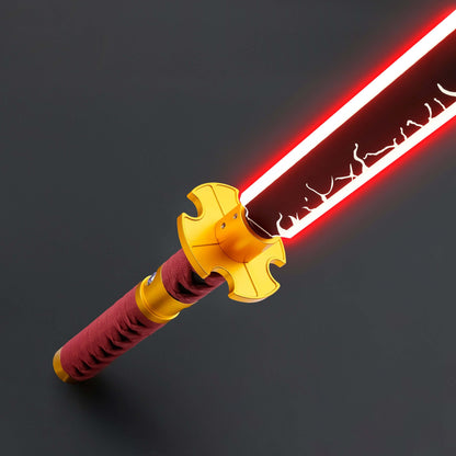 Sekiro Lightsaber: Katana-inspired design with gold hilt, red grip, and gold guard, crafted from aircraft-grade aluminum for durability and elegance.