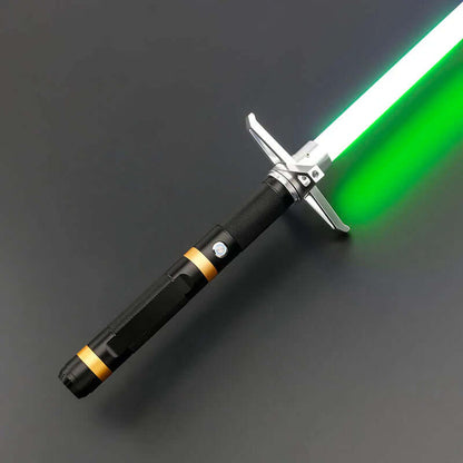High-performance dueling lightsaber with a green blade and detailed hilt design.