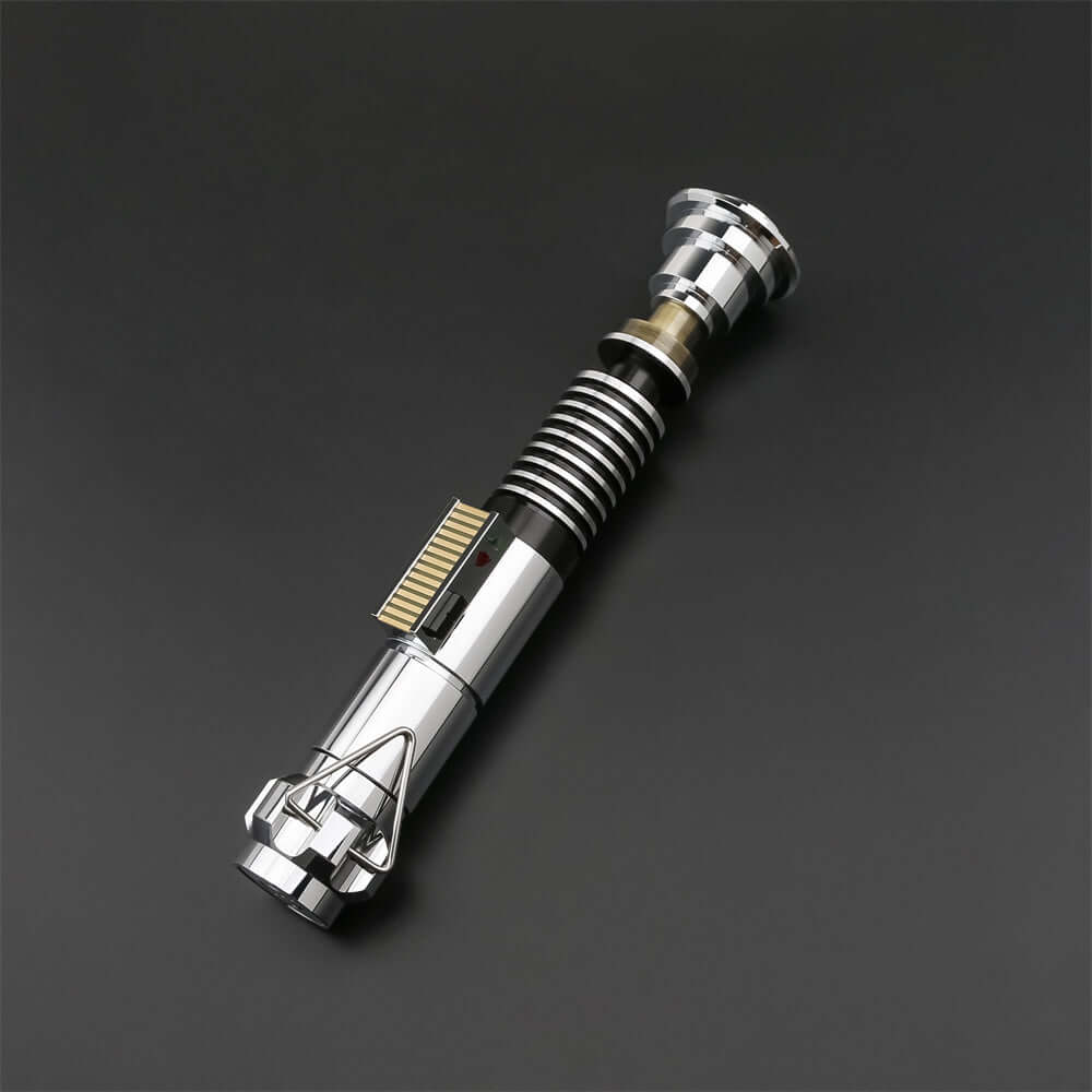 Luke EP6 lightsaber replica on black background showcasing its detailed design and craftsmanship.