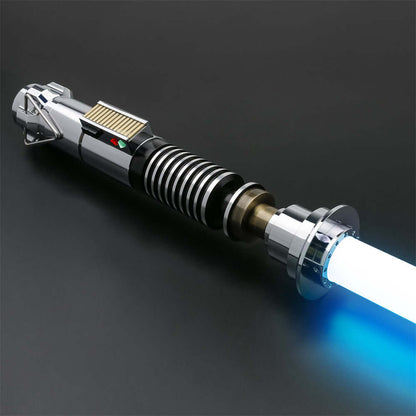 Luke EP6 lightsaber replica featuring a sleek design with circular grip patterns and glowing blue blade.