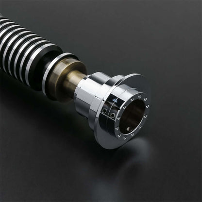 Close-up of the Luke EP6 lightsaber replica grip and emitter detailing.