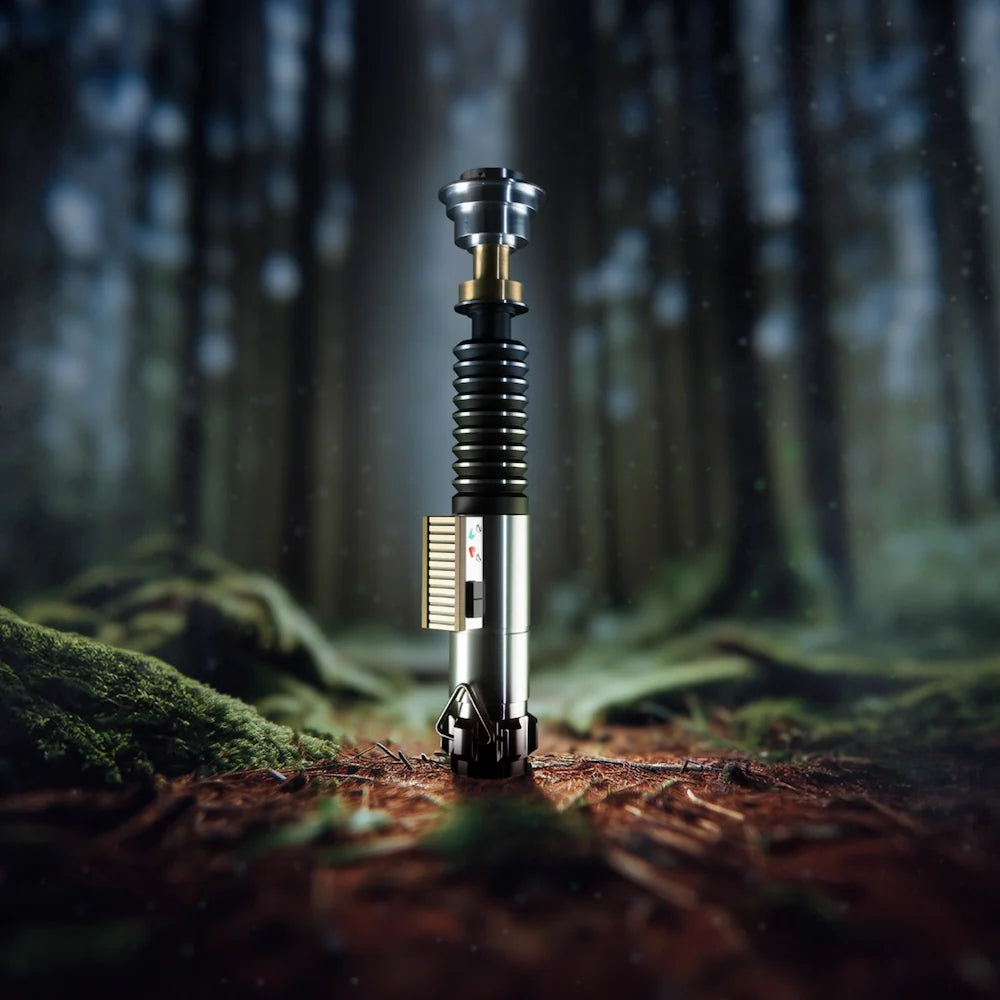Luke ROTJ Saber from Novasaber, featuring an expertly crafted hilt with silver, black, and green accents, paired with a bright green blade, replicating Luke Skywalker&
